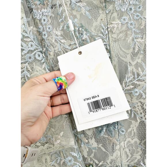 Mac Duggal 67842 Bell Sleeve Floral Seafoam Embellished Gown Dress 8 NWT - Picture 6 of 11